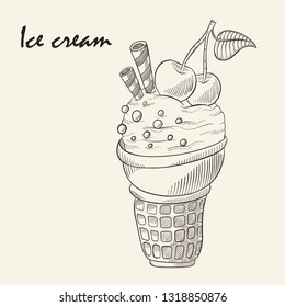 Cartoon ice cream vector illustration : waffle Cup, cherry, sweet tubes. Hand drawn style.
