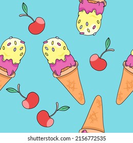 Cartoon ice cream, vector seamless pattern in the style of doodles, hand-drawn