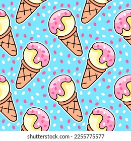 Cartoon ice cream, vector seamless pattern in the style of doodles, hand drawn
