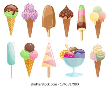 Juego de vectores de helado de dibujos animados. Helado de colección