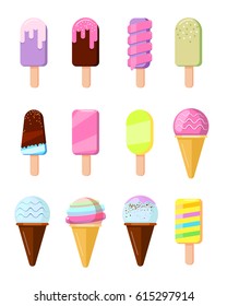 Cartoon ice cream in wafer cone set, ice lolly vector collection isolated on white background