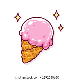 Cartoon Ice Cream In Waffle Cone Drawing. Cute, Shiny Strawberry Frozen Dessert Vector Illustration.
