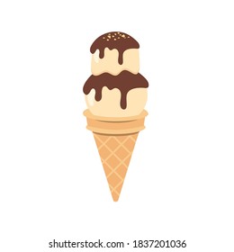Cartoon ice cream waffle cone Including gelato and ice cream scoops, various flavors, chocolate, strawberry, vanilla, coffee topper, sundae Strawberry Sauce, Chocolate Sauce, Caramel Sauce On Waffles 