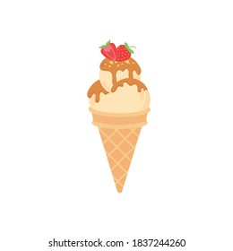 Cartoon ice cream waffle cone Including gelato and ice cream scoops, various flavors, chocolate, strawberry, vanilla, coffee topper, sundae Strawberry Sauce, Chocolate Sauce, Caramel Sauce On Waffles 