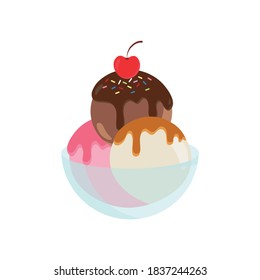 Cartoon ice cream waffle cone Including gelato and ice cream scoops, various flavors, chocolate, strawberry, vanilla, coffee topper, sundae Strawberry Sauce, Chocolate Sauce, Caramel Sauce On Waffles 