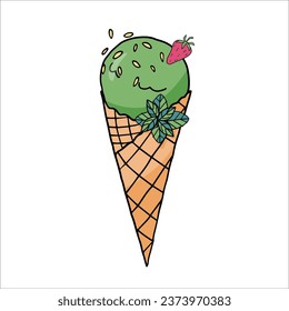 Cartoon ice cream waffle cone with strawberries, mint and nuts. Hand-drawn doodle. Vector illustration EPS10. Can be used for banners, sites, menu design, packaging or cooking book.