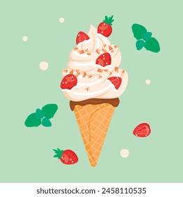 Cartoon ice cream in waffle cone decorated with strawberry and mint leaves.Delicious dessert with chocolate and pieces of nuts.Food design for use in card,banner template,stickers.Vector illustration.