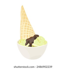 Cartoon ice cream waffle cone with pistachio and chocolate scoop in bowl. Summer dessert vector illustration on white background.