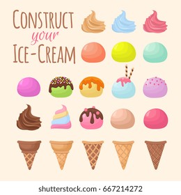 Cartoon ice cream and waffle cone cartoon creation constructor. Cone ice cream food chocolate and vanilla flavor. Vector illustration