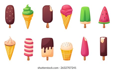 Cartoon ice cream. Waffle cones and popsicles, creamy and fruits summer delicious dessert. Sweet tasty food with chocolate, nowaday vector set