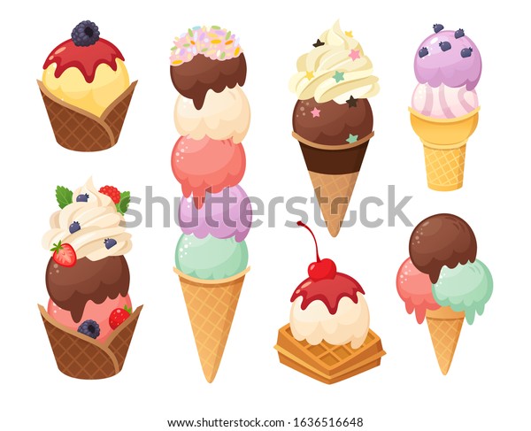 Cartoon Ice Cream Waffle Cones Gelato Stock Vector (Royalty Free ...