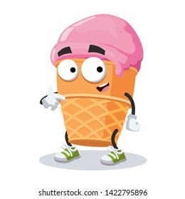 cartoon ice cream in a waffle cup mascot showing himself on a white background