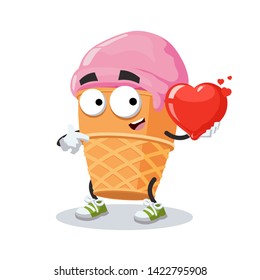 cartoon ice cream in a waffle cup character mascot keeps the heart on white background
