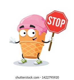 cartoon ice cream in a waffle cup mascot with tablet stop in hand on white background