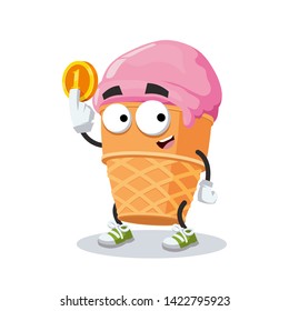 cartoon ice cream in a waffle cup mascot keeps the coin on white background