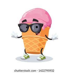 cartoon ice cream in a waffle cup character mascot in black sunglasses on a white background
