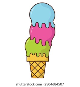 Cartoon ice cream in a waffle cup with scoops. Ice cream with blueberry, raspberry, and mint flavors. Vector illustration