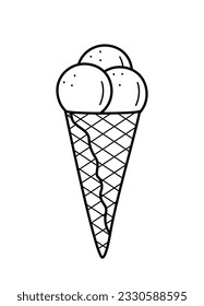 Cartoon ice cream in waffle cups cone. Vector doodle illustration of a summer dessert sketch. Single sketch isolate on white.