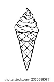 Cartoon ice cream in waffle cups cone. Vector doodle illustration of a summer dessert sketch. Single sketch isolate on white.