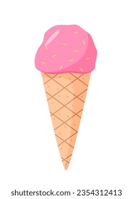 Cartoon ice cream in waffle cups cone. Vector  illustration of a summer dessert. Single color isolate on white.