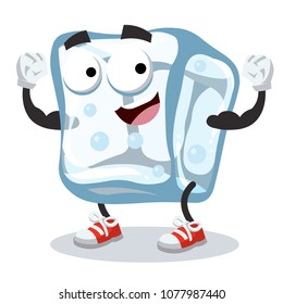 cartoon ice cube mascot shows its strength on a white background