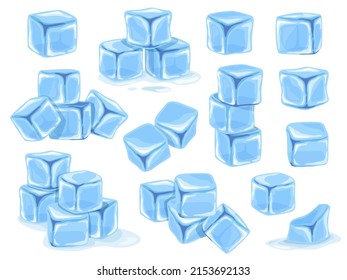 Cartoon ice cubes. Blue freezed water, iced water and melting ice cube vector set. Solid pure blocks, frozen aqua pieces in piles. Transparent or crystal elements isolated on white
