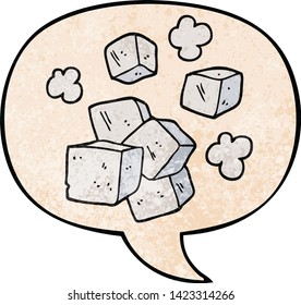 cartoon ice cubes with speech bubble in retro texture style