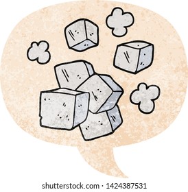 cartoon ice cubes with speech bubble in grunge distressed retro textured style