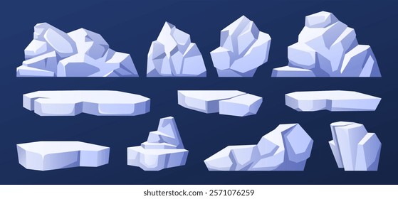 Cartoon ice floes. Icy rock shapes, cold glacier blocks and frozen floating icebergs. Antarctic winter themed isolated vector illustrations set.