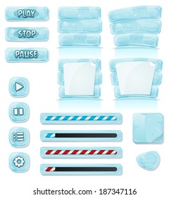 Cartoon Ice And Glass Icons For Ui Game/ Illustration Of A Set Of Various Cartoon Design Ui Game Icy And Glass Elements Including Banners, Signs, Buttons, Load Bar And App Icon Background