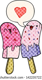 cartoon ice lolly in love with speech bubble in comic book style