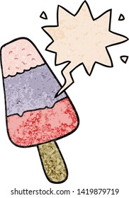 cartoon ice lolly with speech bubble in retro texture style