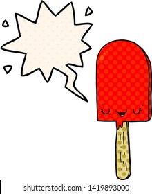 cartoon ice lolly with speech bubble in comic book style