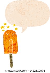 cartoon ice lolly with speech bubble in grunge distressed retro textured style