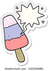 caricatura de hielo lolly con pegatina de burbuja de habla