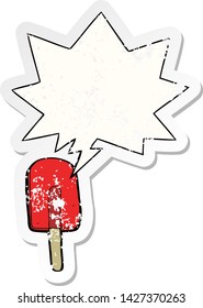 caricatura de hielo lolly con la burbuja del habla angustiado viejo pegatina