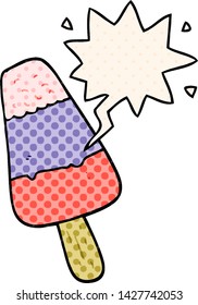 cartoon ice lolly with speech bubble in comic book style