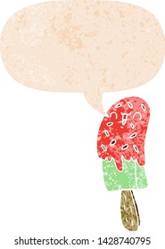 caricatura de hielo lolly con burbuja de habla en un estilo retro grunge angustiado de textura