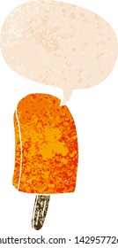 caricatura de hielo lolly con burbuja de habla en un estilo retro grunge angustiado de textura