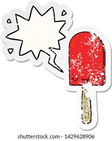 cartoon ice lolly with speech bubble distressed distressed old sticker