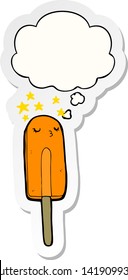 caricatura de hielo lolly con burbuja de pensamiento como pegatina impresa