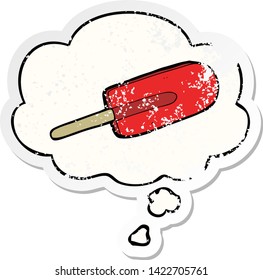 cartoon ice lolly with thought bubble as a distressed worn sticker