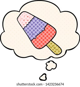 cartoon ice lolly with thought bubble in comic book style