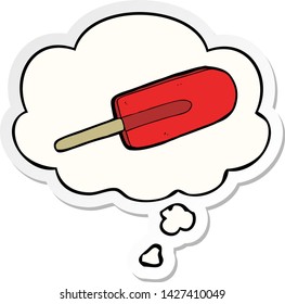 caricatura de hielo lolly con burbuja de pensamiento como pegatina impresa