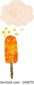 cartoon ice lolly with thought bubble in grunge distressed retro textured style