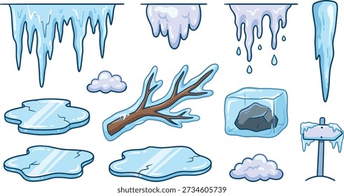 Cartoon ice and snow elements vector set, including long icicles, dripping ice borders, frozen puddles, snow clouds, icy tree branch, ice cube with rock and frozen signpost, ideal for winter landscapes, game platforms, interfaces, banners and Christmas graphics.