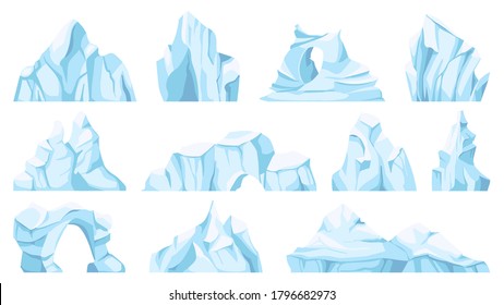 Cartoon iceberg. Drifting arctic glacier or ice rock. Frozen water, antarctic ice peaks, icy mountain for game, nature objects vector set. North pole broken pieces or ice blocks and bergs