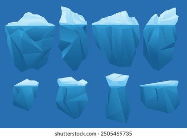 Icebergs de dibujos animados. Bloques de hielo flotantes. Diferentes Formas. Glaciares congelados con partes submarinas. Rocas árticas en agua fría del océano. Bergs polares a la deriva. Paisaje de invierno