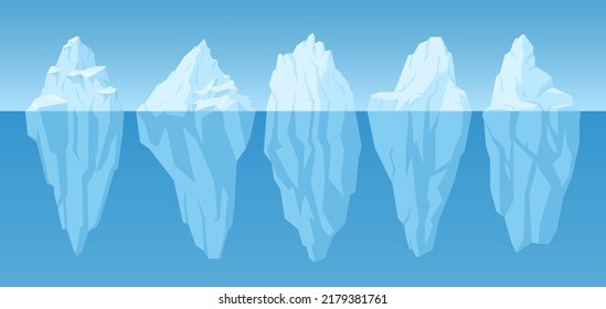 Cartoon icebergs, frozen arctic glaciers, snow floating bogs. Winter seascape iceberg, arctic blocks of ice, north pole glacier snow mountains vector illustration set. Icebergs collection