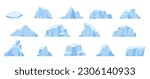 Cartoon icebergs, melting glacier and antarctic iceberg in ocean. Arctic snow mountains, ice polar rocks. Snugly north pole vector elements